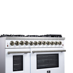 Forno Massimo 48" Dual Fuel Range with Air Fryer Basket, True Convection Oven, Matte Cast Iron Grates, and Antique Brass Handles - White - Left Angle Close Up 2 - The Home Selection