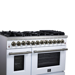 Forno Massimo 48" Dual Fuel Range with Air Fryer Basket, True Convection Oven, Matte Cast Iron Grates, and Antique Brass Handles - White - Left Angle Close Up - The Home Selection