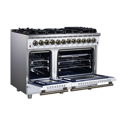 Forno Massimo 48" Dual Fuel Range with Air Fryer Basket, True Convection Oven, Matte Cast Iron Grates, and Antique Brass Handles - White - Left Angle Opened - The Home Selection