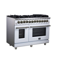 Forno Massimo 48" Dual Fuel Range with Air Fryer Basket, True Convection Oven, Matte Cast Iron Grates, and Antique Brass Handles - White - Left Angle - The Home Selection