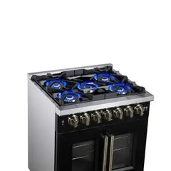 Forno 30-Inch Capriasca Dual Fuel Range with 5 Gas Burners, 100,000 BTUs, and French Door Electric Oven in Black with Antique Brass Accessories (FFSGS6387-30BLK) - The Home Selection