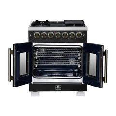 Forno 30-Inch Capriasca Dual Fuel Range with 5 Gas Burners, 100,000 BTUs, and French Door Electric Oven in Black with Antique Brass Accessories (FFSGS6387-30BLK) - The Home Selection