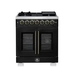 Forno 30-Inch Capriasca Dual Fuel Range with 5 Gas Burners, 100,000 BTUs, and French Door Electric Oven in Black with Antique Brass Accessories (FFSGS6387-30BLK) - The Home Selection