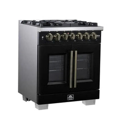 Forno 30-Inch Capriasca Dual Fuel Range with 5 Gas Burners, 100,000 BTUs, and French Door Electric Oven in Black with Antique Brass Accessories (FFSGS6387-30BLK) - The Home Selection