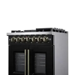 Forno 30-Inch Capriasca Dual Fuel Range with 5 Gas Burners, 100,000 BTUs, and French Door Electric Oven in Black with Antique Brass Accessories (FFSGS6387-30BLK) - The Home Selection