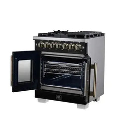 Forno 30-Inch Capriasca Dual Fuel Range with 5 Gas Burners, 100,000 BTUs, and French Door Electric Oven in Black with Antique Brass Accessories (FFSGS6387-30BLK) - The Home Selection