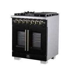 Forno 30-Inch Capriasca Dual Fuel Range with 5 Gas Burners, 100,000 BTUs, and French Door Electric Oven in Black with Antique Brass Accessories (FFSGS6387-30BLK) - The Home Selection