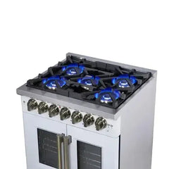 Forno 30-Inch Capriasca Dual Fuel Range with 5 Gas Burners, 100,000 BTUs, and French Door Electric Oven in White with Antique Brass Accessories (FFSGS6387-30WHT) - The Home Selection