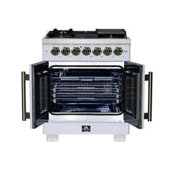 Forno 30-Inch Capriasca Dual Fuel Range with 5 Gas Burners, 100,000 BTUs, and French Door Electric Oven in White with Antique Brass Accessories (FFSGS6387-30WHT) - The Home Selection