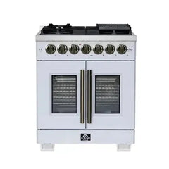 Forno 30-Inch Capriasca Dual Fuel Range with 5 Gas Burners, 100,000 BTUs, and French Door Electric Oven in White with Antique Brass Accessories (FFSGS6387-30WHT) - The Home Selection