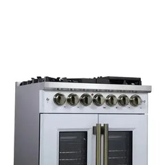 Forno 30-Inch Capriasca Dual Fuel Range with 5 Gas Burners, 100,000 BTUs, and French Door Electric Oven in White with Antique Brass Accessories (FFSGS6387-30WHT) - The Home Selection
