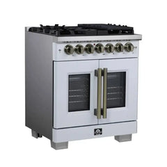 Forno 30-Inch Capriasca Dual Fuel Range with 5 Gas Burners, 100,000 BTUs, and French Door Electric Oven in White with Antique Brass Accessories (FFSGS6387-30WHT) - The Home Selection