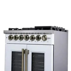 Forno 30-Inch Capriasca Dual Fuel Range with 5 Gas Burners, 100,000 BTUs, and French Door Electric Oven in White with Antique Brass Accessories (FFSGS6387-30WHT) - The Home Selection