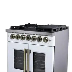Forno 30-Inch Capriasca Dual Fuel Range with 5 Gas Burners, 100,000 BTUs, and French Door Electric Oven in White with Antique Brass Accessories (FFSGS6387-30WHT) - The Home Selection