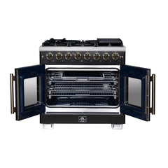 Forno Capriasca 36" Freestanding French Door Dual Fuel Range with Antique Brass Accessories, 6 Burners, True Convection Oven - Black - Front Opened - The Home Selection