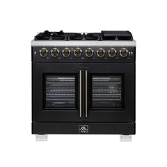 Forno Capriasca 36" Freestanding French Door Dual Fuel Range with Antique Brass Accessories, 6 Burners, True Convection Oven - Black - Front - The Home Selection