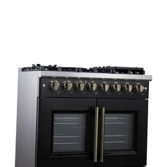 Forno Capriasca 36" Freestanding French Door Dual Fuel Range with Antique Brass Accessories, 6 Burners, True Convection Oven - Black - Left Angle Close Up 2 - The Home Selection