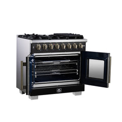 Forno Capriasca 36" Freestanding French Door Dual Fuel Range with Antique Brass Accessories, 6 Burners, True Convection Oven - Black - Left Angle Opened - The Home Selection