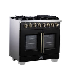Forno Capriasca 36" Freestanding French Door Dual Fuel Range with Antique Brass Accessories, 6 Burners, True Convection Oven - Black - Left Angle - The Home Selection
