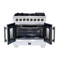 Forno Capriasca 36" Freestanding French Door Dual Fuel Range with Antique Brass Accessories, 6 Burners, True Convection Oven - White - Front Opened - The Home Selection