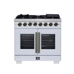 Forno Capriasca 36" Freestanding French Door Dual Fuel Range with Antique Brass Accessories, 6 Burners, True Convection Oven - White - Front - The Home Selection