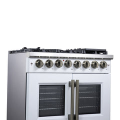 Forno Capriasca 36" Freestanding French Door Dual Fuel Range with Antique Brass Accessories, 6 Burners, True Convection Oven - White - Left Angle Close Up 2 - The Home Selection