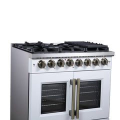 Forno Capriasca 36" Freestanding French Door Dual Fuel Range with Antique Brass Accessories, 6 Burners, True Convection Oven - White - Left Angle Close Up - The Home Selection
