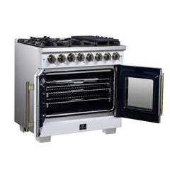 Forno Capriasca 36" Freestanding French Door Dual Fuel Range with Antique Brass Accessories, 6 Burners, True Convection Oven - White - Left Angle Opened - The Home Selection