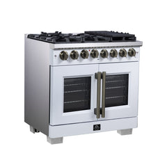 Forno Capriasca 36" Freestanding French Door Dual Fuel Range with Antique Brass Accessories, 6 Burners, True Convection Oven - White - Left Angle - The Home Selection