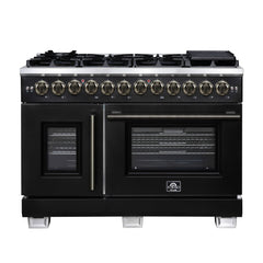 Forno Capriasca 48" Freestanding French Door Dual Fuel Range with Antique Brass Accessories, 8 Burners, True Convection Oven - Black - Front - The Home Selection