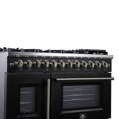 Forno Capriasca 48" Freestanding French Door Dual Fuel Range with Antique Brass Accessories, 8 Burners, True Convection Oven - Black - Left Side Close Up 2 - The Home Selection
