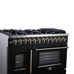 Forno Capriasca 48" Freestanding French Door Dual Fuel Range with Antique Brass Accessories, 8 Burners, True Convection Oven - Black - Left Side Close Up - The Home Selection
