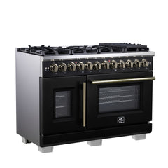 Forno Capriasca 48" Freestanding French Door Dual Fuel Range with Antique Brass Accessories, 8 Burners, True Convection Oven - Black - Left Side - The Home Selection