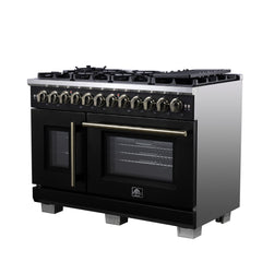 Forno Capriasca 48" Freestanding French Door Dual Fuel Range with Antique Brass Accessories, 8 Burners, True Convection Oven - Black - Right Side - The Home Selection