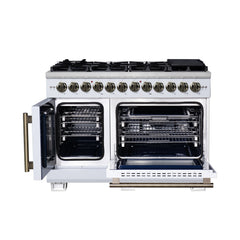 Forno Capriasca 48" Freestanding French Door Dual Fuel Range with Antique Brass Accessories, 8 Burners, True Convection Oven - White - Front Opened - The Home Selection
