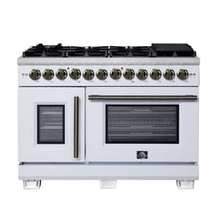 Forno Capriasca 48" Freestanding French Door Dual Fuel Range with Antique Brass Accessories, 8 Burners, True Convection Oven - White - Front - The Home Selection