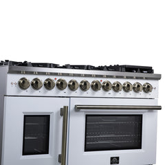 Forno Capriasca 48" Freestanding French Door Dual Fuel Range with Antique Brass Accessories, 8 Burners, True Convection Oven - White - Left Angle Close Up - The Home Selection