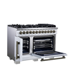 Forno Capriasca 48" Freestanding French Door Dual Fuel Range with Antique Brass Accessories, 8 Burners, True Convection Oven - White - Left Angle Opened - The Home Selection