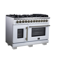 Forno Capriasca 48" Freestanding French Door Dual Fuel Range with Antique Brass Accessories, 8 Burners, True Convection Oven - White - Left Angle - The Home Selection