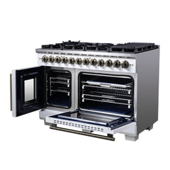 Forno Capriasca 48" Freestanding French Door Dual Fuel Range with Antique Brass Accessories, 8 Burners, True Convection Oven - White - Right Angle Opened - The Home Selection