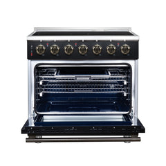 Forno Massimo 36" Freestanding Electric range, 5 Radiant Burners, 5.36 cf. True Convection oven, Air fryer kit - Black - Front Open - The Home Selection