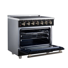 Forno Massimo 36" Freestanding Electric range, 5 Radiant Burners, 5.36 cf. True Convection oven, Air fryer kit - Black - Left Angle Open - The Home Selection