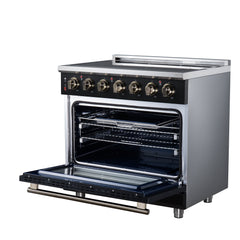Forno Massimo 36" Freestanding Electric range, 5 Radiant Burners, 5.36 cf. True Convection oven, Air fryer kit - Black - Right Angle Open - The Home Selection