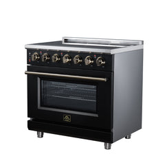 Forno Massimo 36" Freestanding Electric range, 5 Radiant Burners, 5.36 cf. True Convection oven, Air fryer kit - Black - Right Angle - The Home Selection
