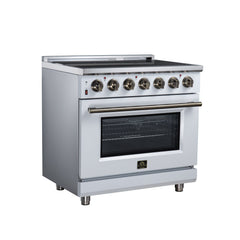 Forno Massimo 36" Freestanding Electric range, 5 Radiant Burners, 5.36 cf. True Convection oven, Air fryer kit - White - Left Angle - The Home Selection