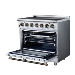 Forno Massimo 36" Freestanding Electric range, 5 Radiant Burners, 5.36 cf. True Convection oven, Air fryer kit - White - Right Angle Open - The Home Selection