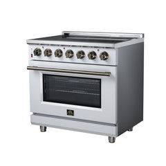 Forno Massimo 36" Freestanding Electric range, 5 Radiant Burners, 5.36 cf. True Convection oven, Air fryer kit - White - Right Angle - The Home Selection