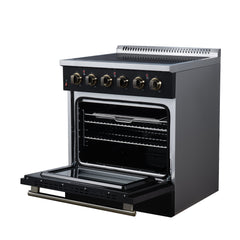 Forno Galiano 30" Freestanding Electric range, 4 Radiant Burners, 4.32 cf. True Convection oven, Air fryer kit - Black - Right Angle Open - The Home Selection
