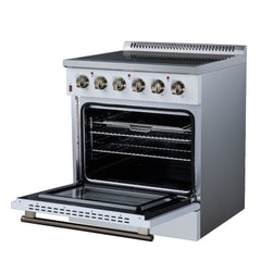 Forno Galiano 30" Freestanding Electric range, 4 Radiant Burners, 4.32 cf. True Convection oven, Air fryer kit - White - Right Angle Open - The Home Selection
