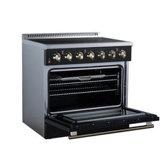 Forno Galiano 36" Freestanding Electric range, 5 Radiant Burners, 5.36 cf. True Convection oven, Air fryer kit - Black - Left Angle Open - The Home Selection